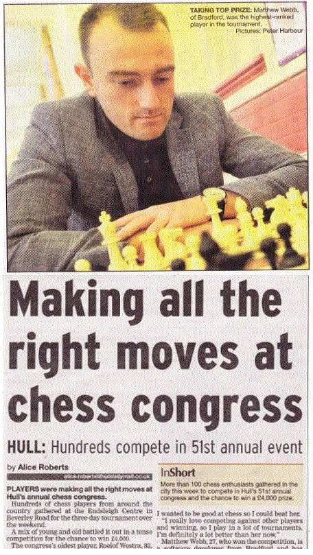 A newspaper clipping headlined 'Making all the right moves at chess congress', with a photograph of me bent over a board mid-game; the caption notes I was the highest-ranked player in the tournament.
